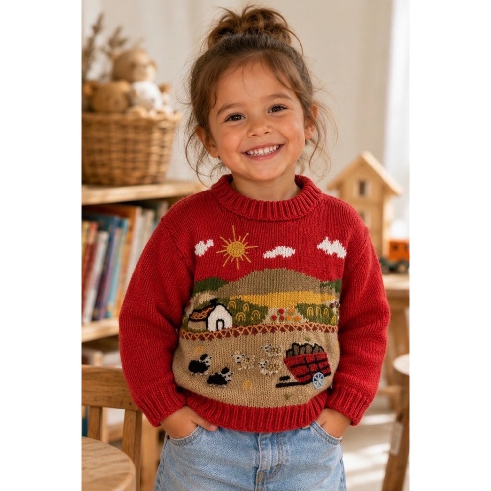 Gougane Handmade Knitwear Red Farm Scene Intarsia Cotton Sweater Kids 2